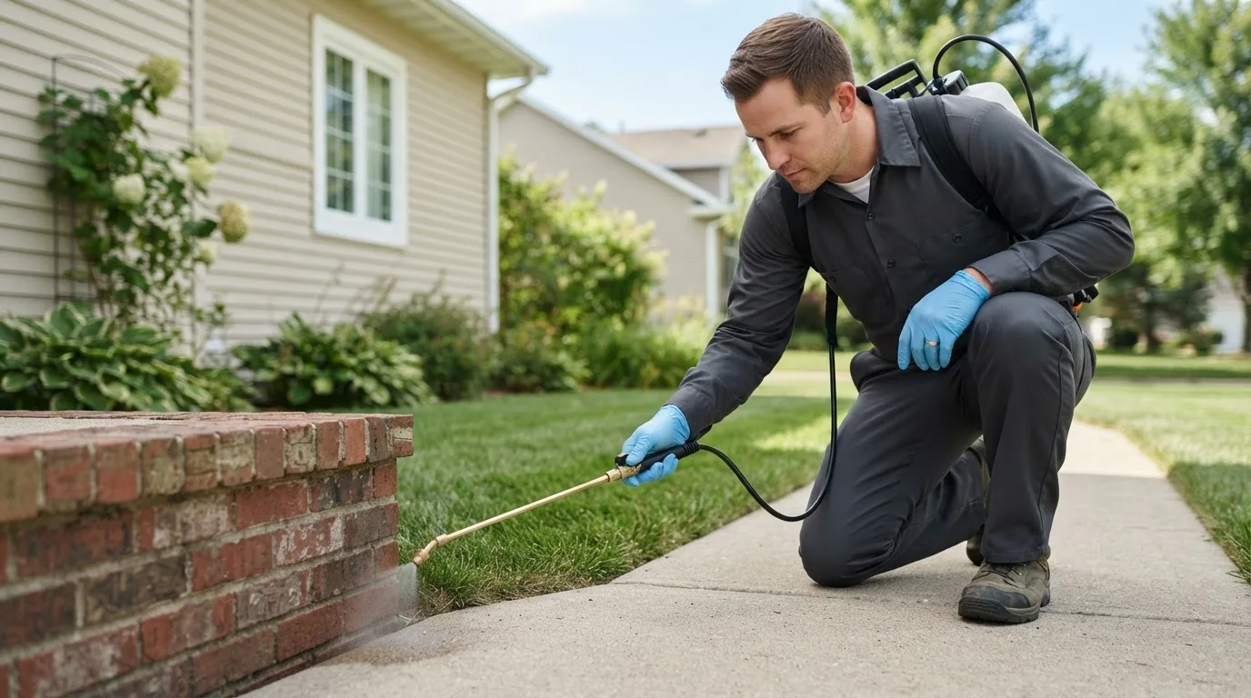 Pest control technician treating a home near South Chatham, MA